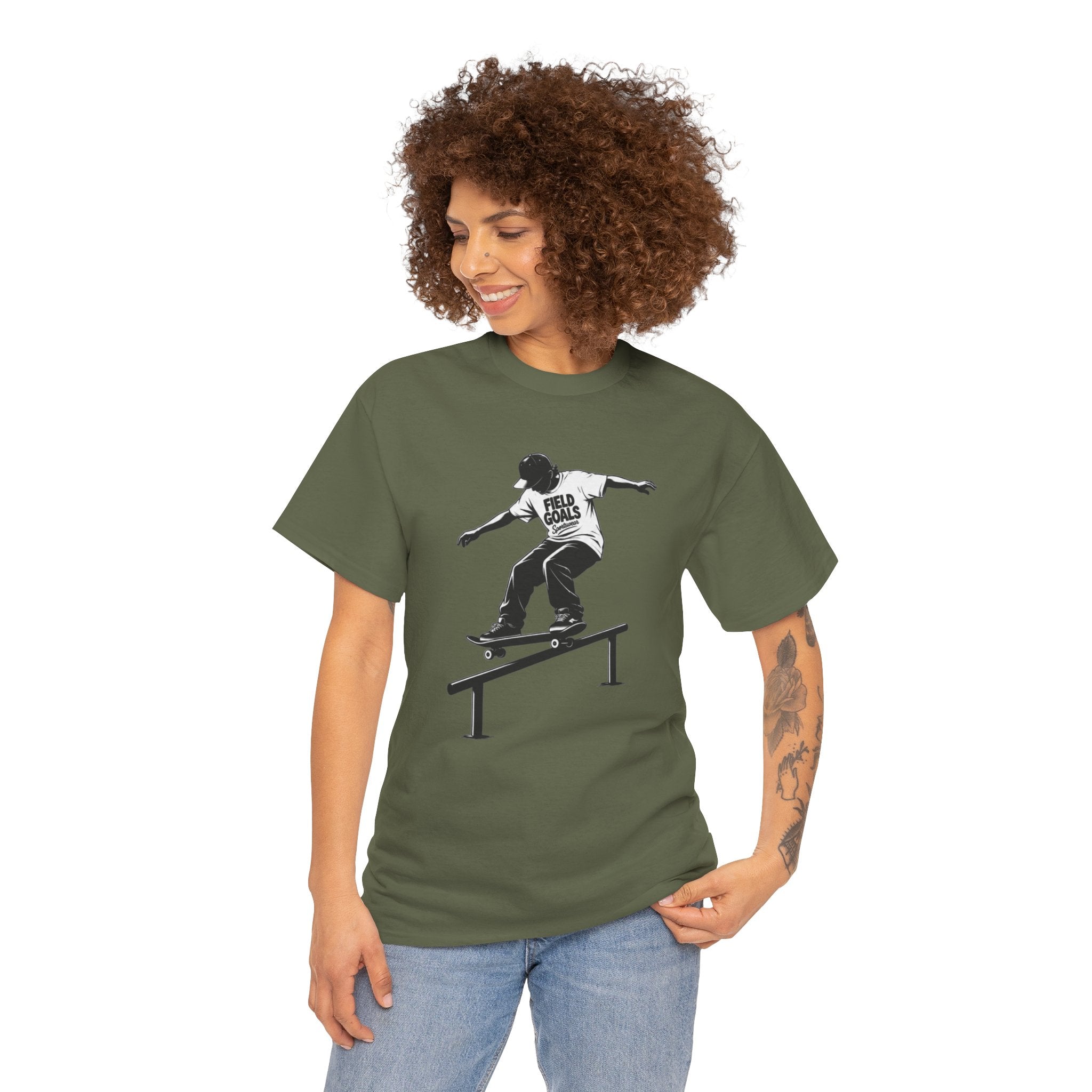 Field Goals Sportswear Skateboard Rail Grind Tee — Black Skate Silhouette Shirt