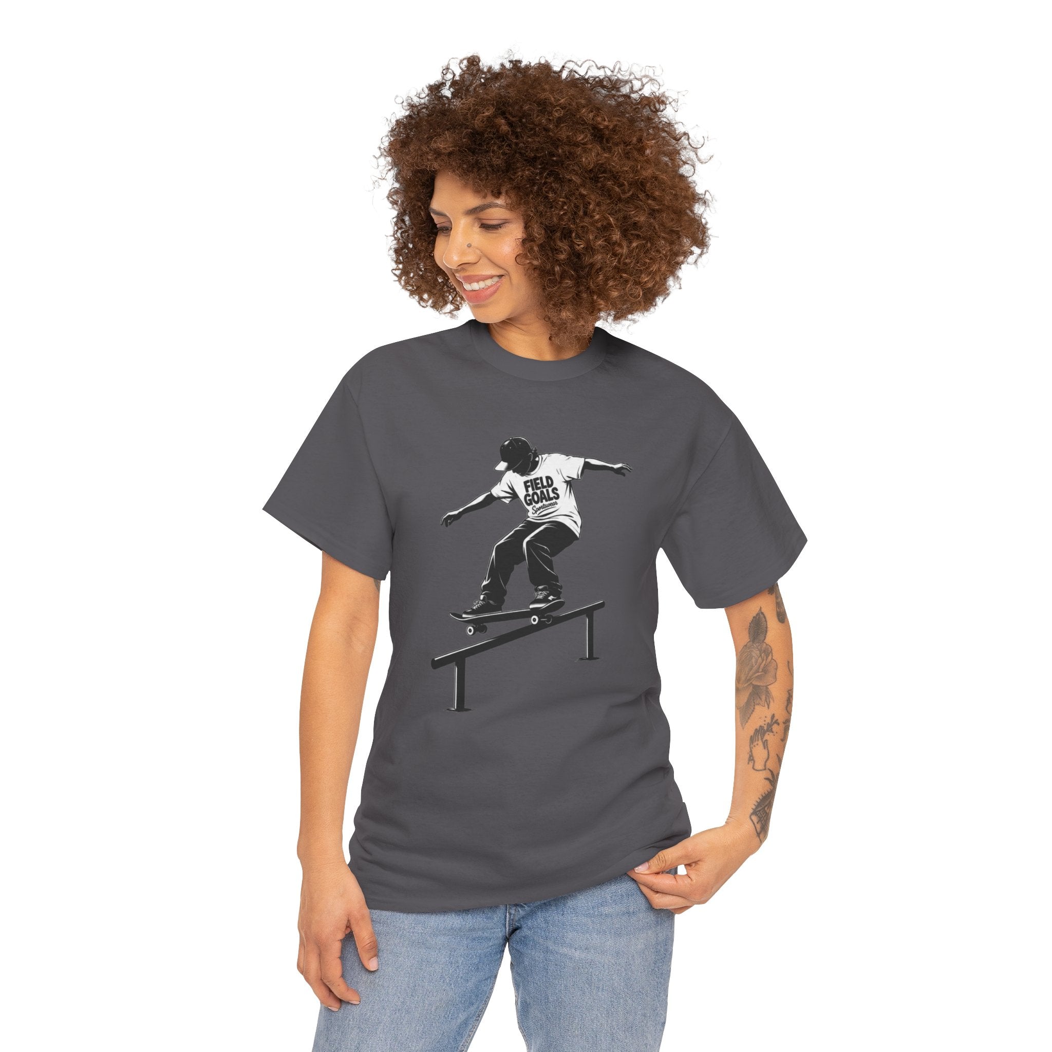 Field Goals Sportswear Skateboard Rail Grind Tee — Black Skate Silhouette Shirt