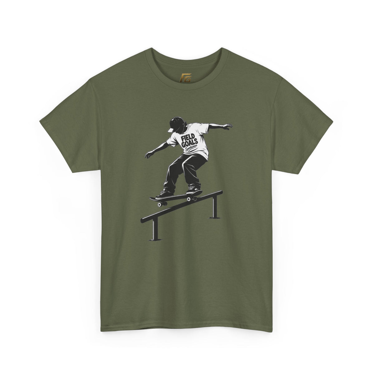 Field Goals Sportswear Skateboard Rail Grind Tee — Black Skate Silhouette Shirt